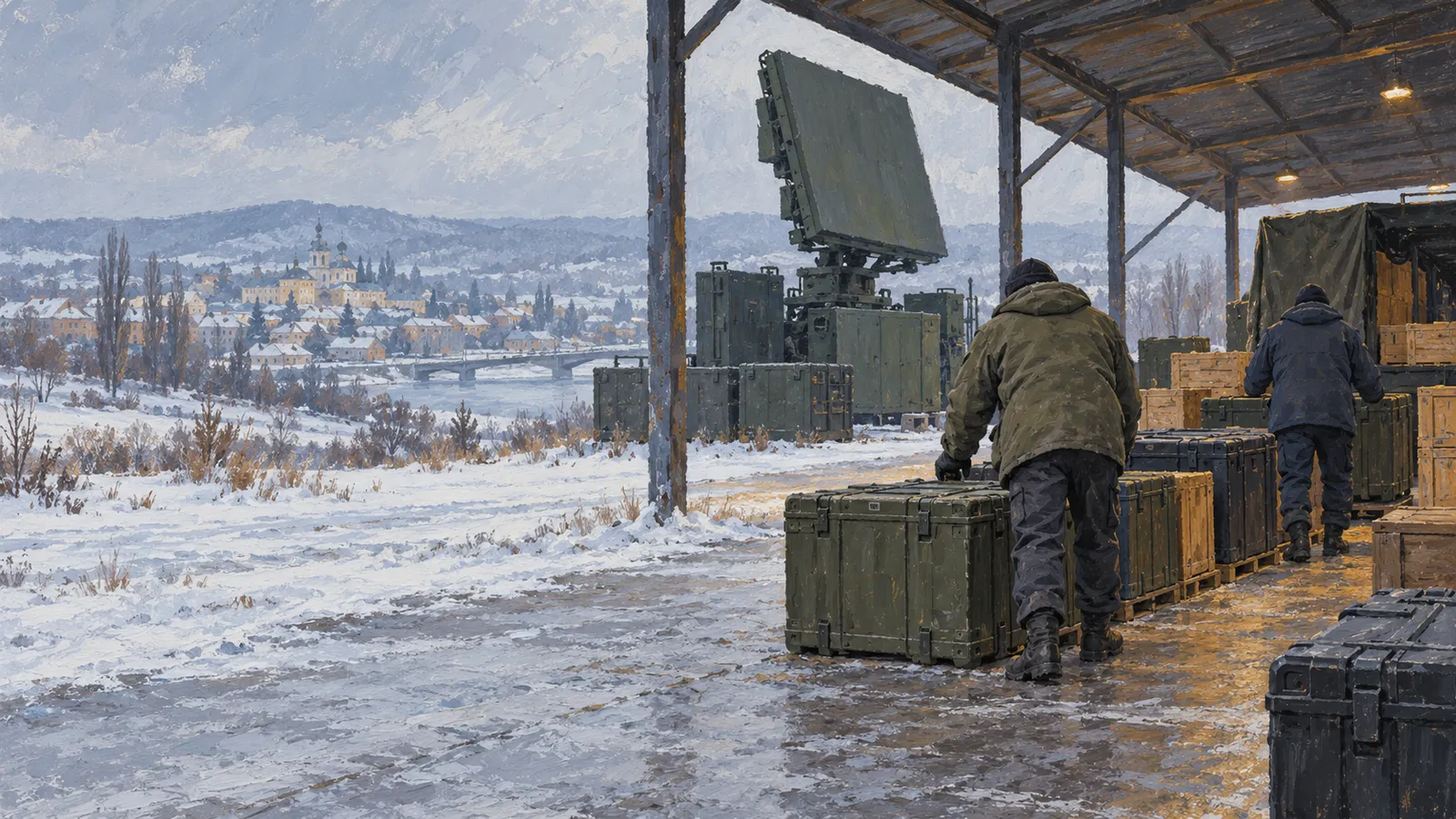 Two people in winter coats move cases under a shelter beside a large radar-like panel. A snow-covered town and bridge are visible in the distance. SI illustration