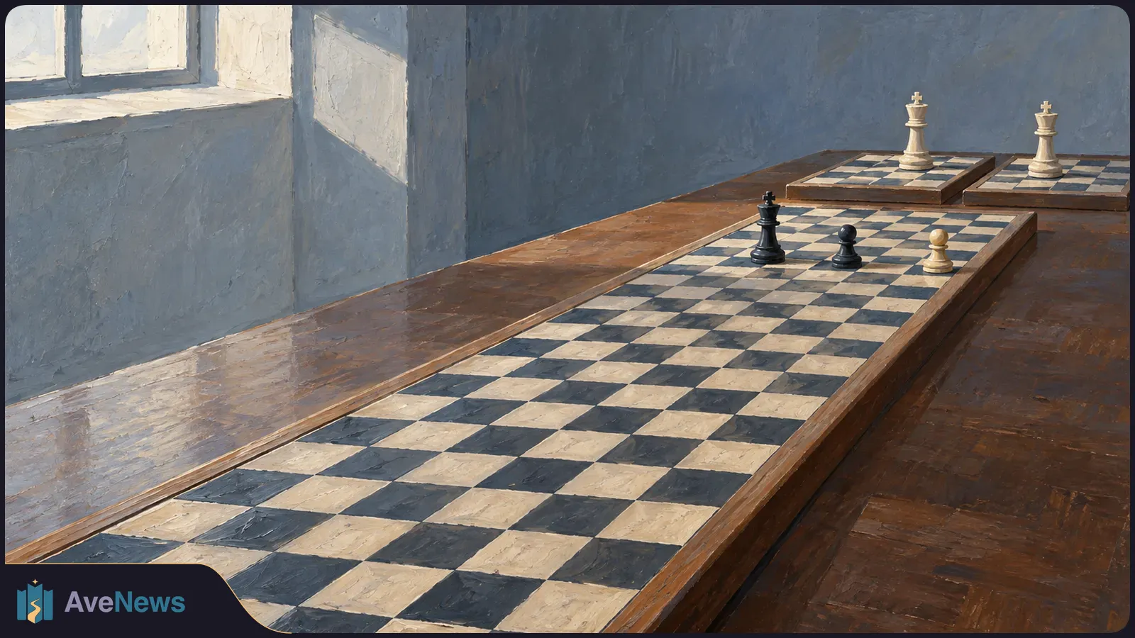 Painted scene of a long chessboard on a wooden table with a few black and white pieces. Two smaller boards with white kings sit behind it near a window. SI illustration