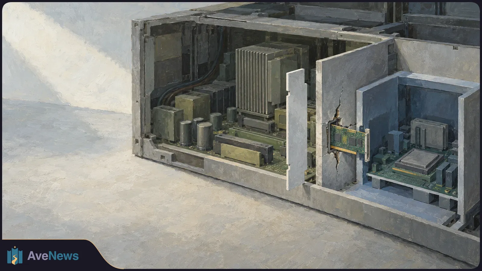 Painted cutaway of adjoining gray computer housings with exposed circuit boards, a finned heat sink, and a small green board passing through a cracked divider. SI illustration