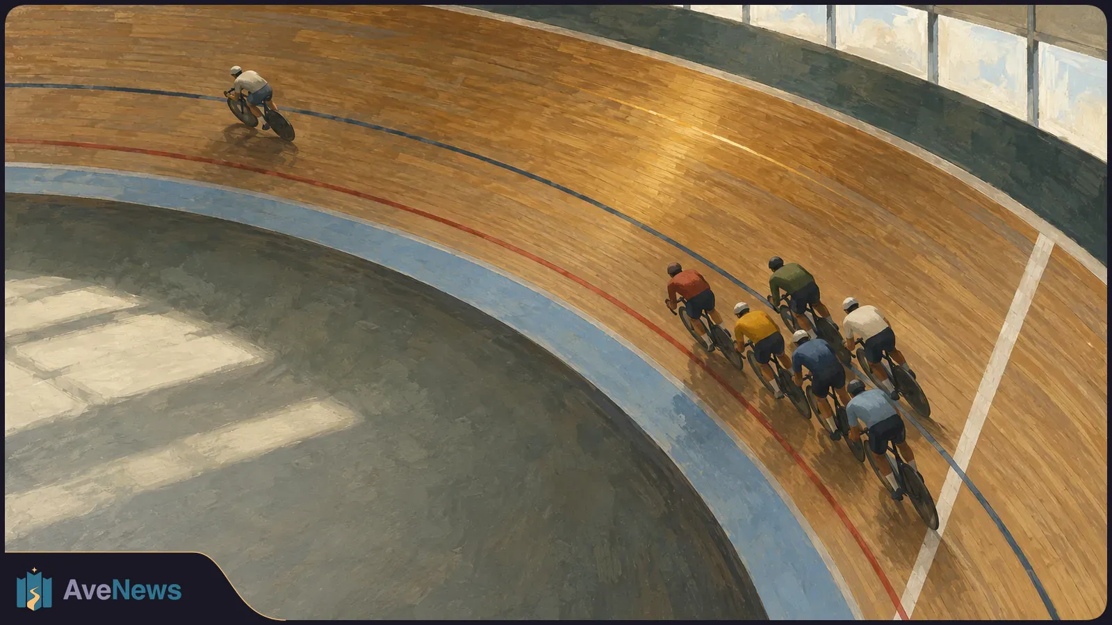 Painted overhead view of one cyclist ahead of six others on a banked wooden indoor track, with red and blue lane lines and high windows. SI illustration