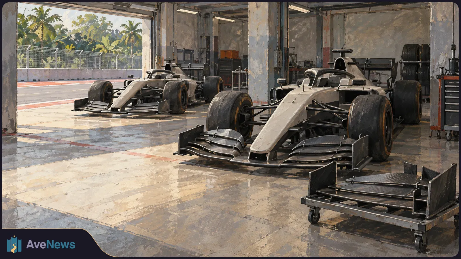 Painterly view of two unmarked Formula-style race cars in a garage, with a separate front wing on a wheeled stand in the foreground. SI illustration