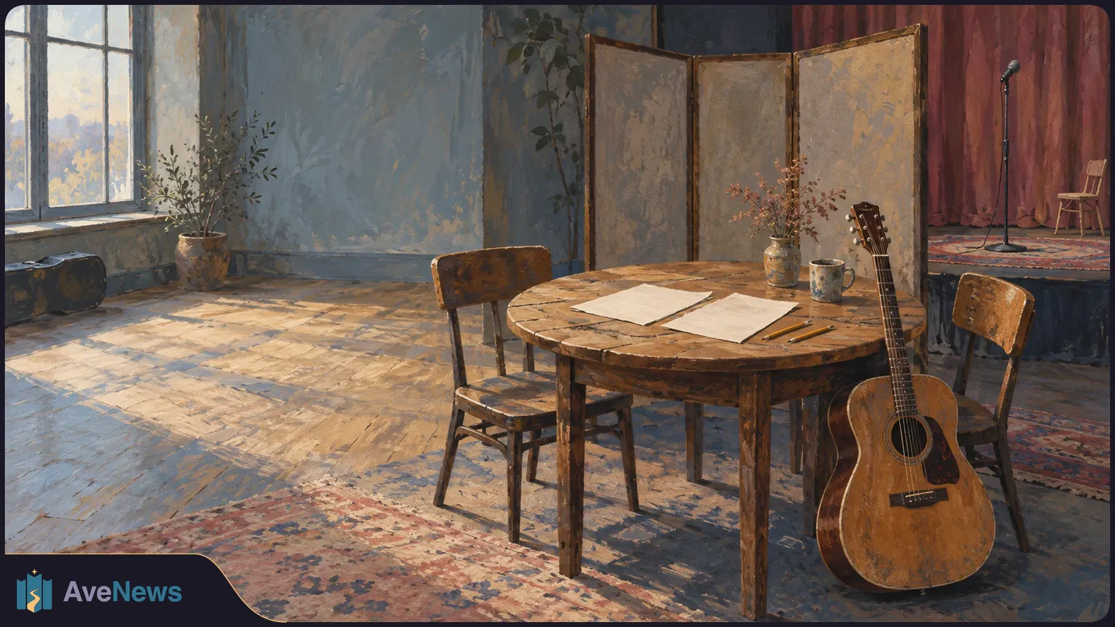 Painted music room with a guitar beside a table holding blank pages and pencils; two chairs face a small stage with a microphone. SI illustration