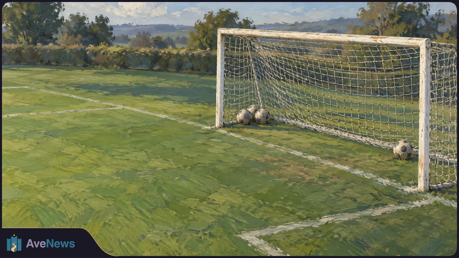 Painted soccer field with an empty goal and several balls resting inside the net; trees and hills stretch across the background. SI illustration