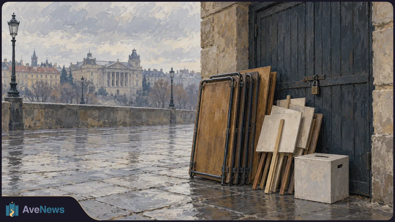 Painterly view of a wet stone plaza, with stacked wooden panels and canvases beside a padlocked dark gate; streetlamps and ornate buildings stand in the distance. SI illustration