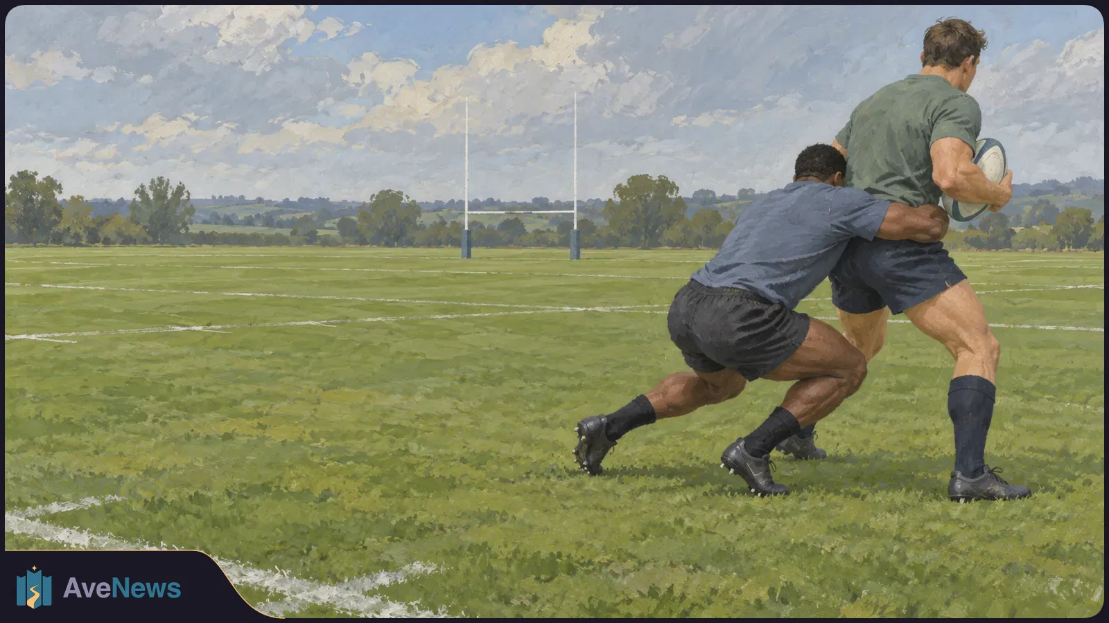 Painted rugby scene: one player carries the ball as another tackles him low around the hips. Goalposts stand across the field. SI illustration