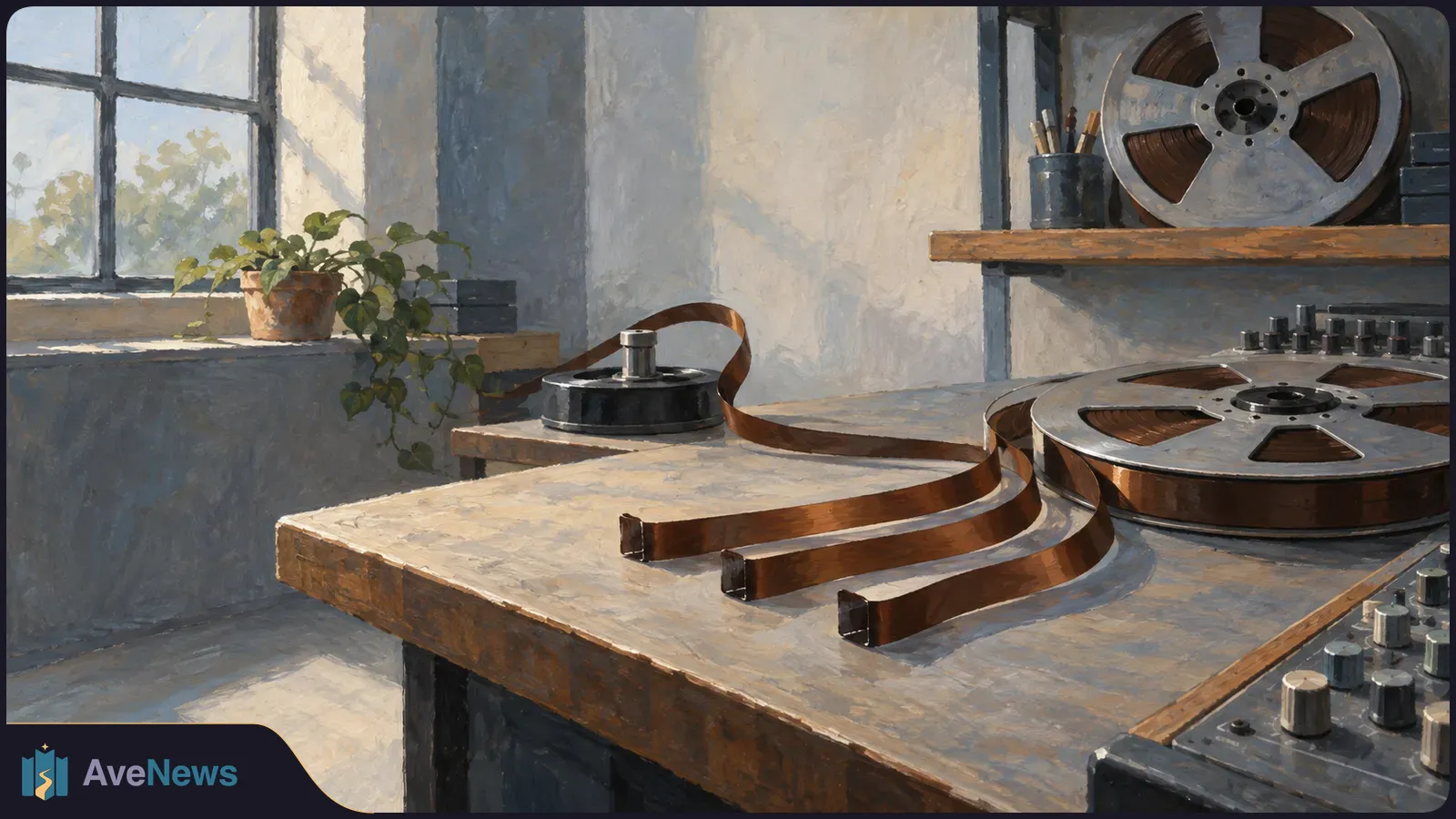 Painted scene of an open-reel tape machine, with brown tape stretched across a wooden table. Another reel sits on a shelf beside a sunlit window and potted plant. SI illustration