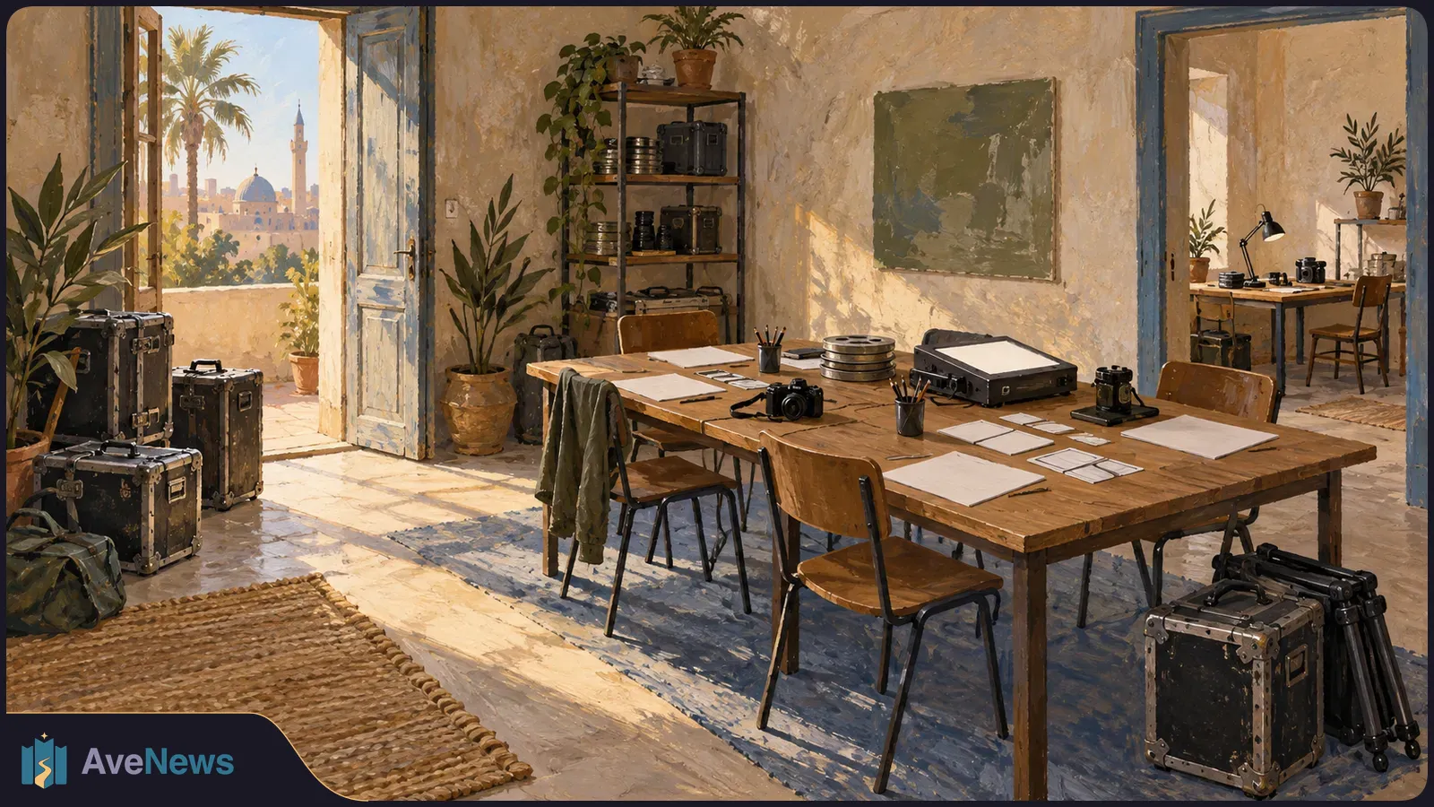 Painterly illustration of an empty filmmaking workspace with cameras, film reels, equipment cases and blank papers on a table; an open door reveals palms and a distant cityscape. SI illustration