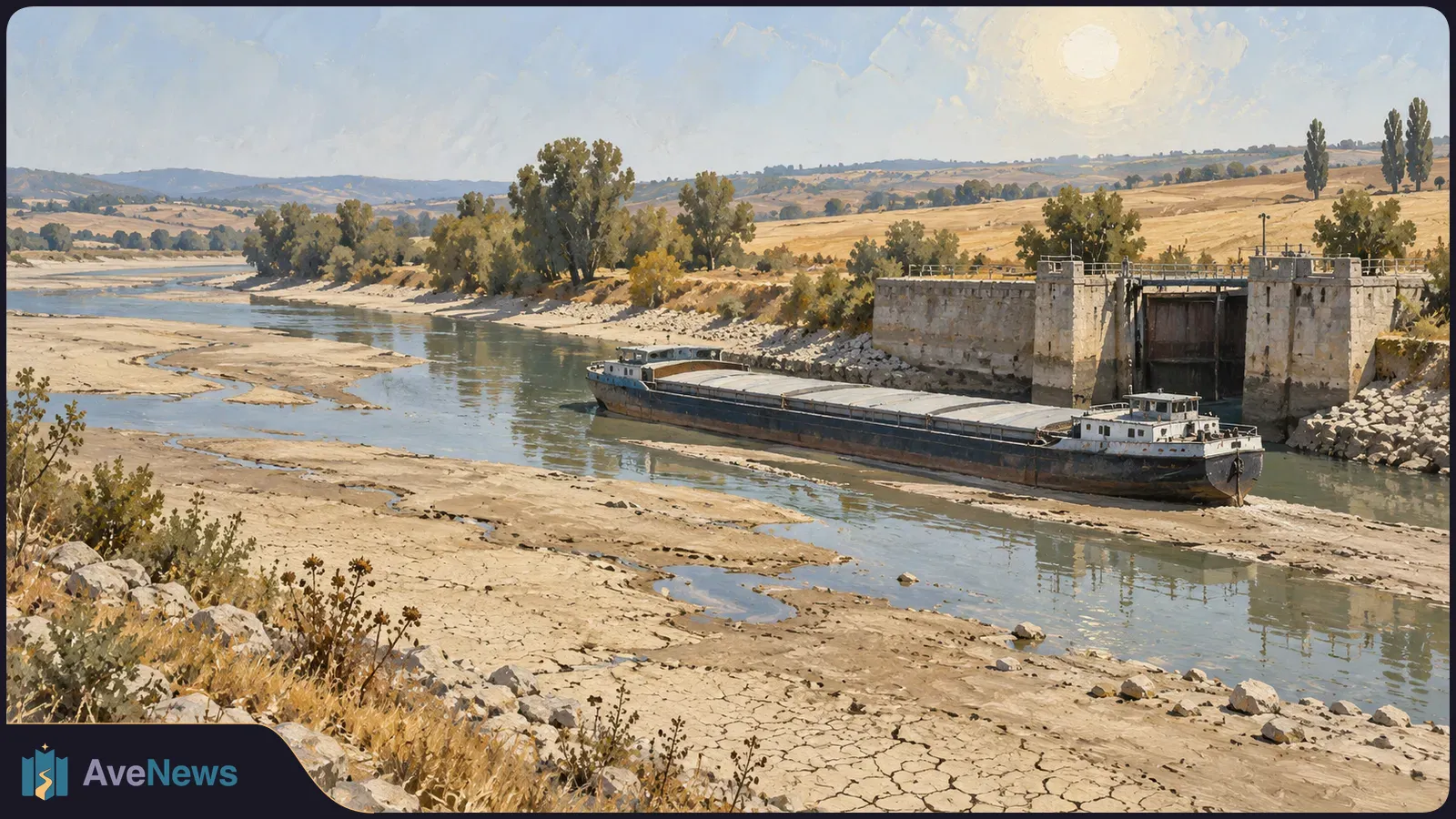 Painted scene of a cargo barge near a river lock, with shallow water, broad cracked banks, trees and dry hills under a bright sun. SI illustration
