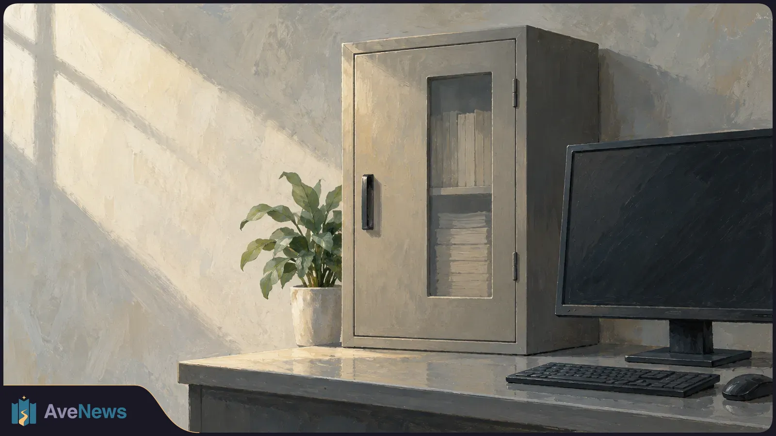 Painterly illustration of a closed gray cabinet with files visible through its window, beside a potted plant, blank monitor, keyboard and mouse on a desk. SI illustration