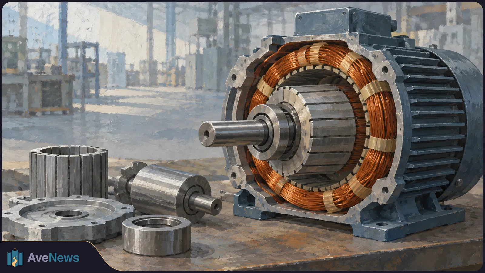 Illustration of a large electric motor with exposed copper windings and metal shafts, with several detached metal components on a workbench in a factory. SI illustration
