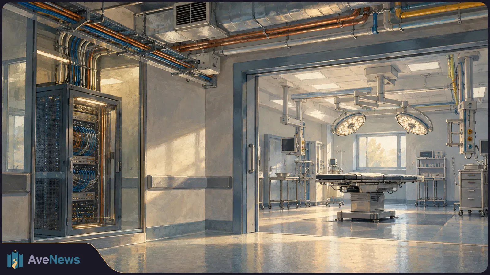 Illustration of a server rack and cable conduits beside an empty operating room with a surgical table and overhead lights. SI illustration