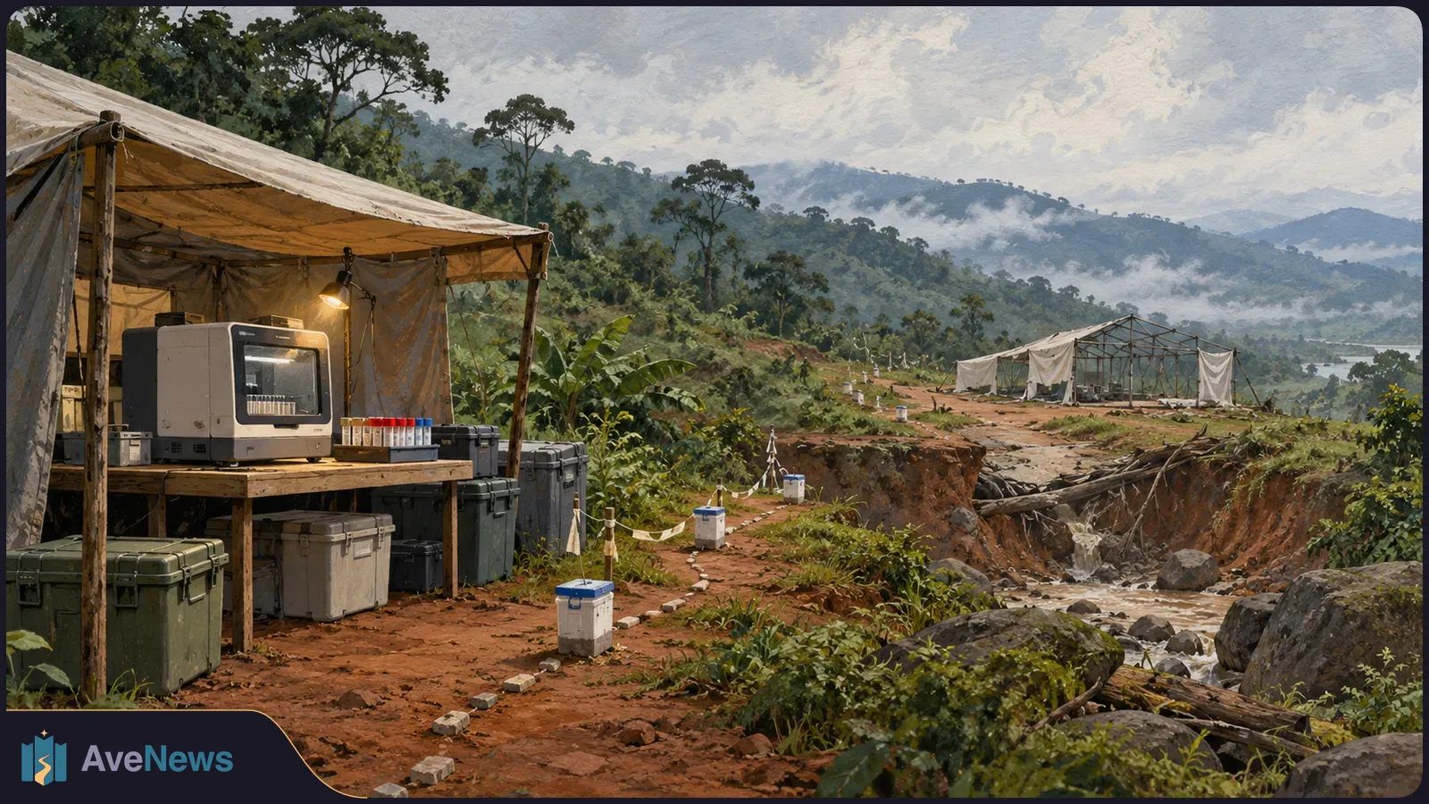 Painted field lab under a canvas shelter beside a muddy stream and broken crossing; another tent stands across the gap in a misty, forested valley. SI illustration