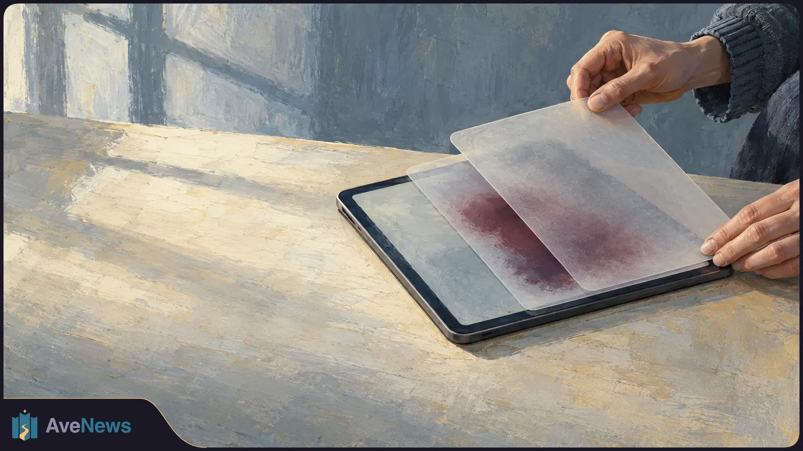 Illustration of hands lifting a translucent sheet above another sheet and a tablet on a sunlit table. SI illustration