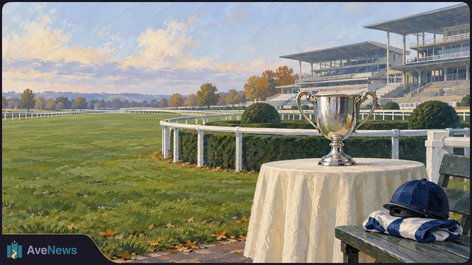 Painted horse-racing scene with a silver trophy on a draped table, a riding helmet and folded silks on a bench, and a racetrack and grandstand behind. SI illustration