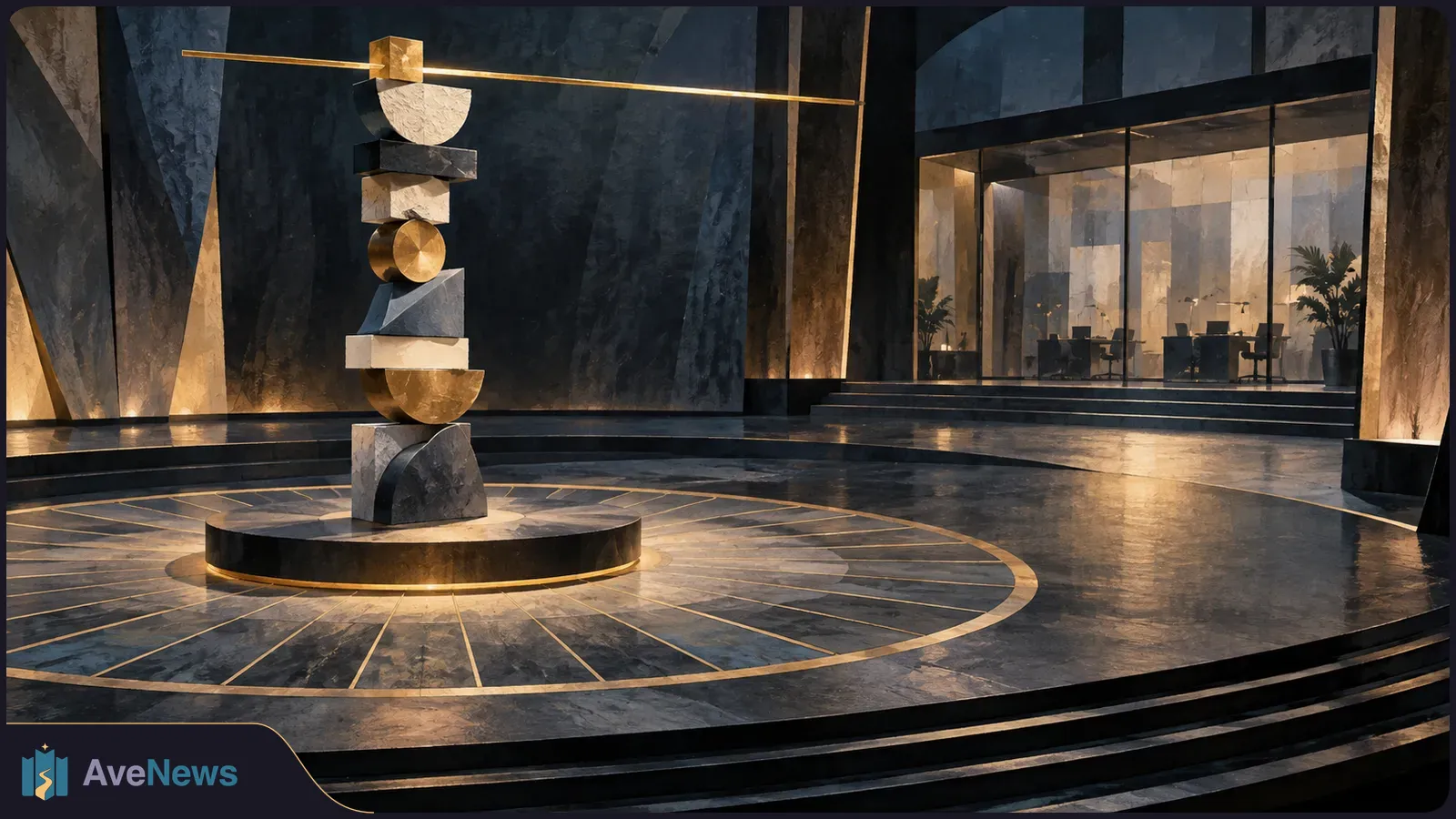 Stone and gold geometric blocks form a tall stack on a circular stage, with a glass-walled room in the background. SI illustration