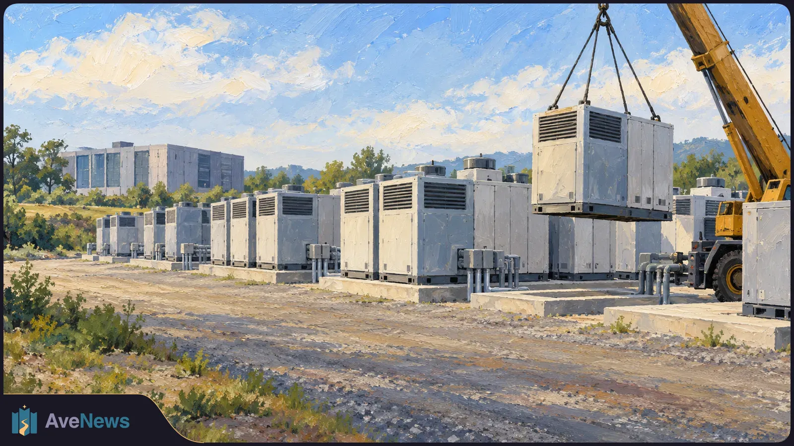 Painterly illustration of rows of white industrial units on concrete pads, with a yellow crane lifting another unit beside them. A building and trees stand in the background. SI illustration