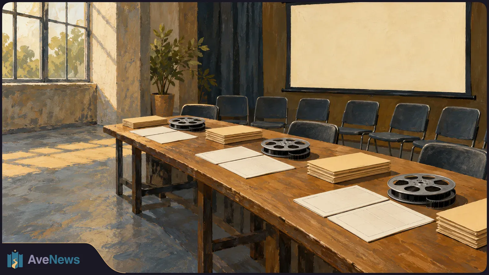 Painted meeting room with film reels, blank papers and folders on a long table, chairs behind it, and a blank projection screen. SI illustration