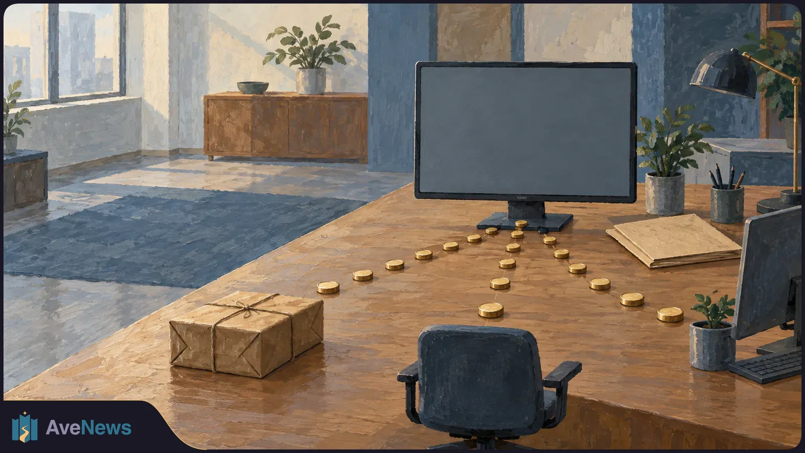 Painted office scene with a blank monitor on a wooden desk, gold-colored coins between it and a twine-wrapped parcel, and another workstation at right. SI illustration