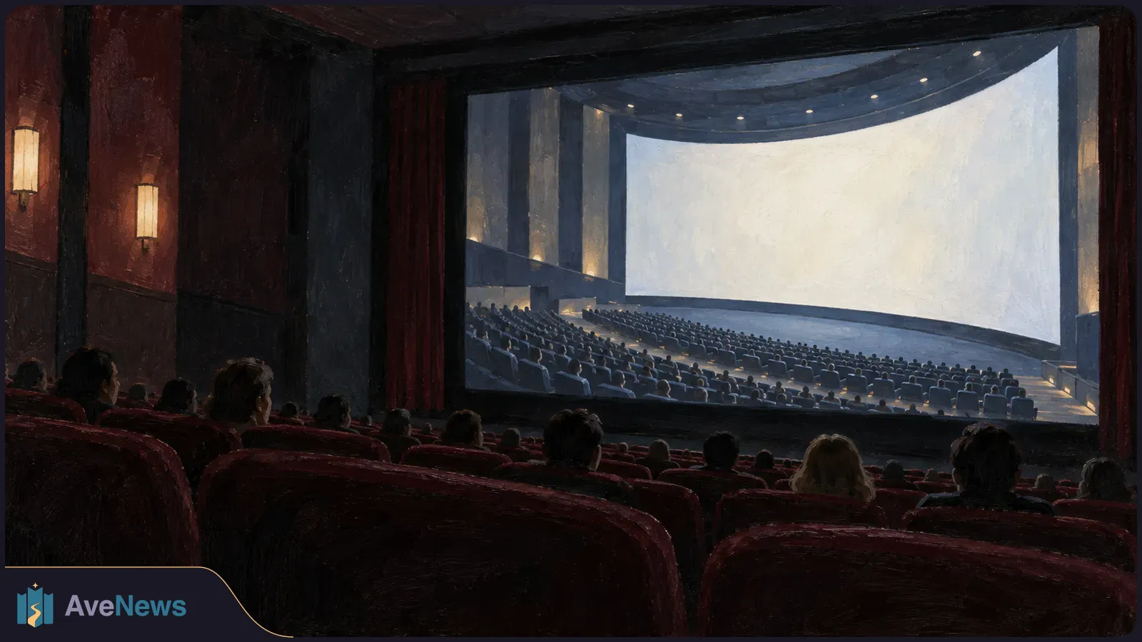 A painted cinema audience faces a screen showing another auditorium with a much larger curved screen. SI illustration