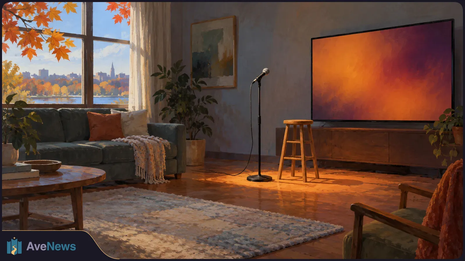 Illustrated living room with a microphone and stool beside a TV showing an orange-purple glow; autumn trees and a city skyline appear through the window. SI illustration