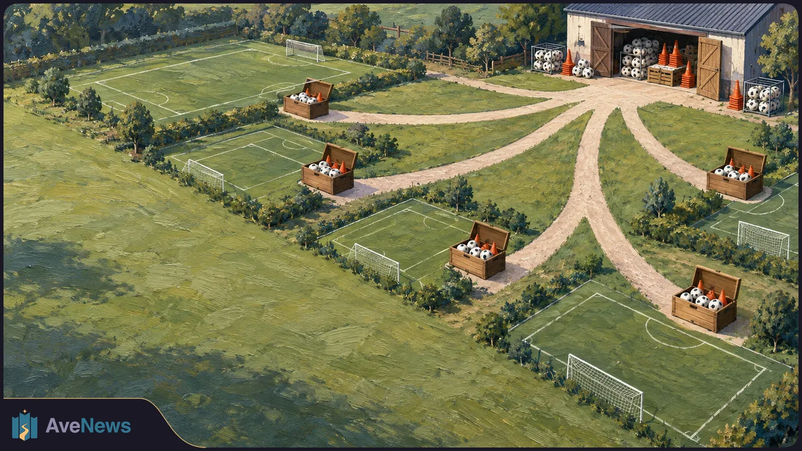 Painted aerial view of several empty football pitches linked by paths to a shed, with crates of footballs and orange cones beside the fields. SI illustration
