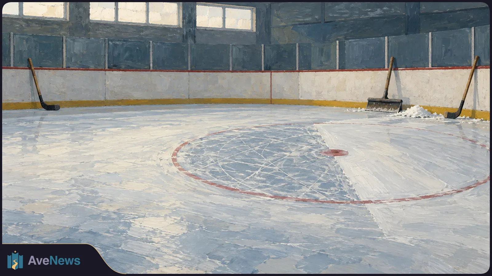 Painted empty indoor ice rink with a scratched center circle, two hockey sticks leaning against the boards, and a snow shovel beside a small pile of ice. SI illustration