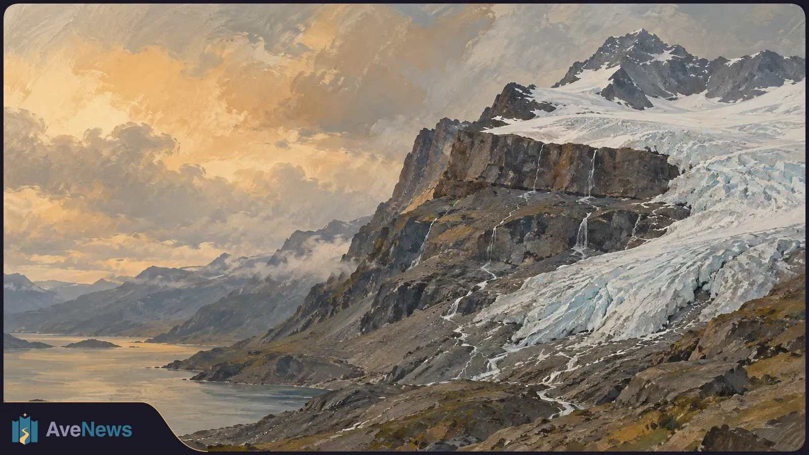 Painted mountain landscape with a glacier descending over dark rocky cliffs toward a calm body of water beneath golden clouds. SI illustration