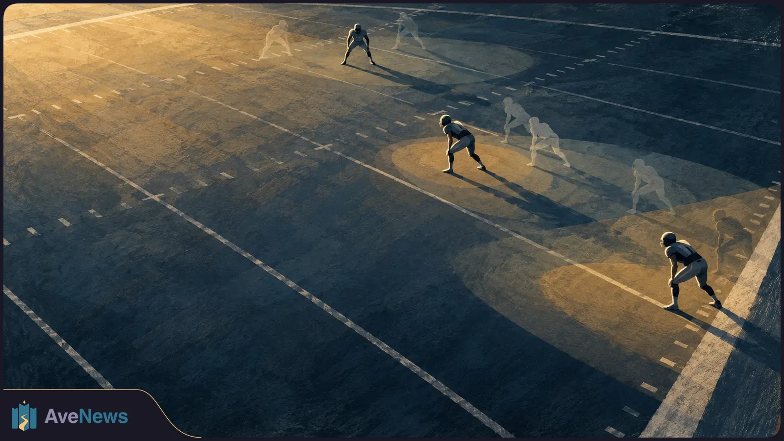 Three helmeted football players crouch at different spots on a marked field; translucent player silhouettes and pools of light suggest alternate positions. SI illustration