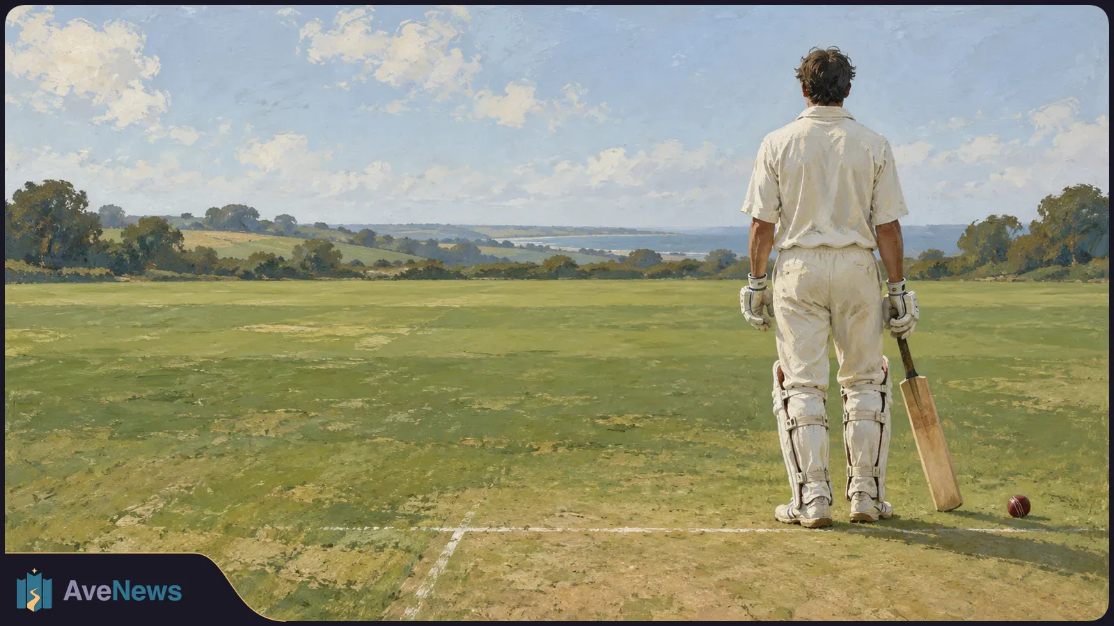 Painted scene of a cricketer seen from behind in white kit, holding a bat on a grassy field; a red ball lies nearby beneath a cloudy sky. SI illustration