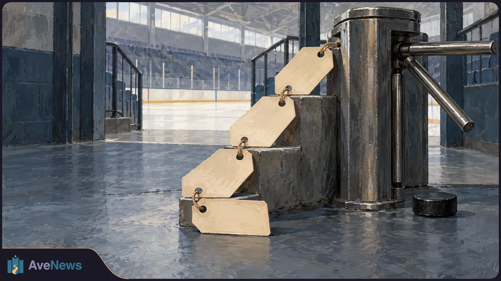 Painted view of four blank beige tags arranged like rising steps beside a metal turnstile, with an empty indoor ice rink beyond. SI illustration