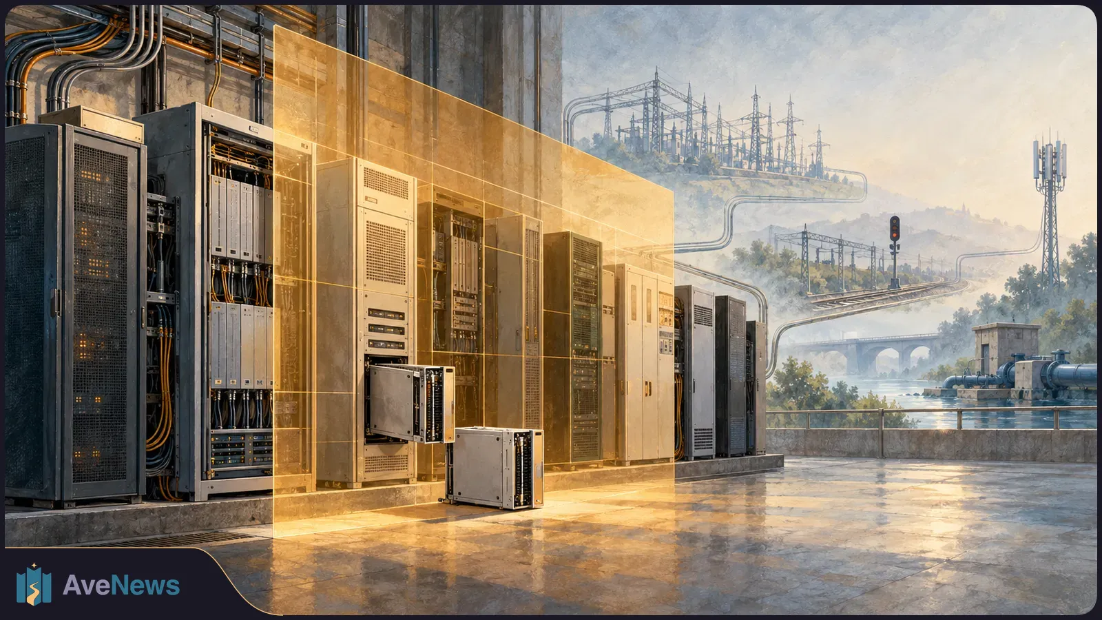 Server and telecom equipment cabinets behind a translucent amber panel, with power lines and a cell tower in the background. SI illustration