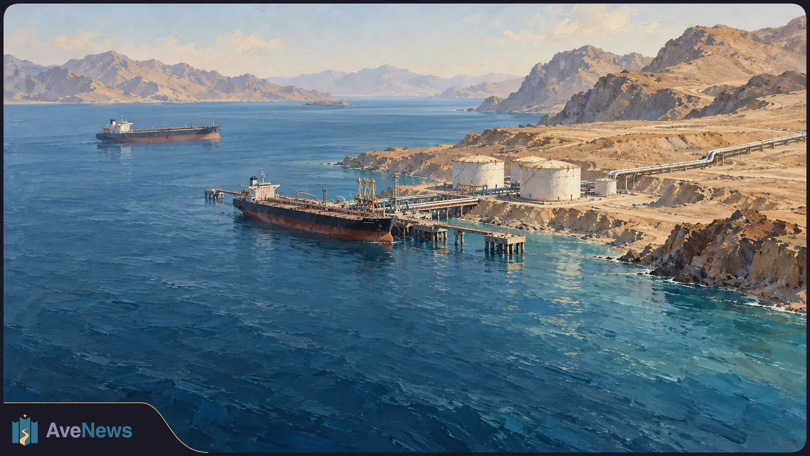 A tanker docks beside storage tanks and pipelines on a rocky coast. A second tanker sails offshore, with mountains beyond. SI illustration