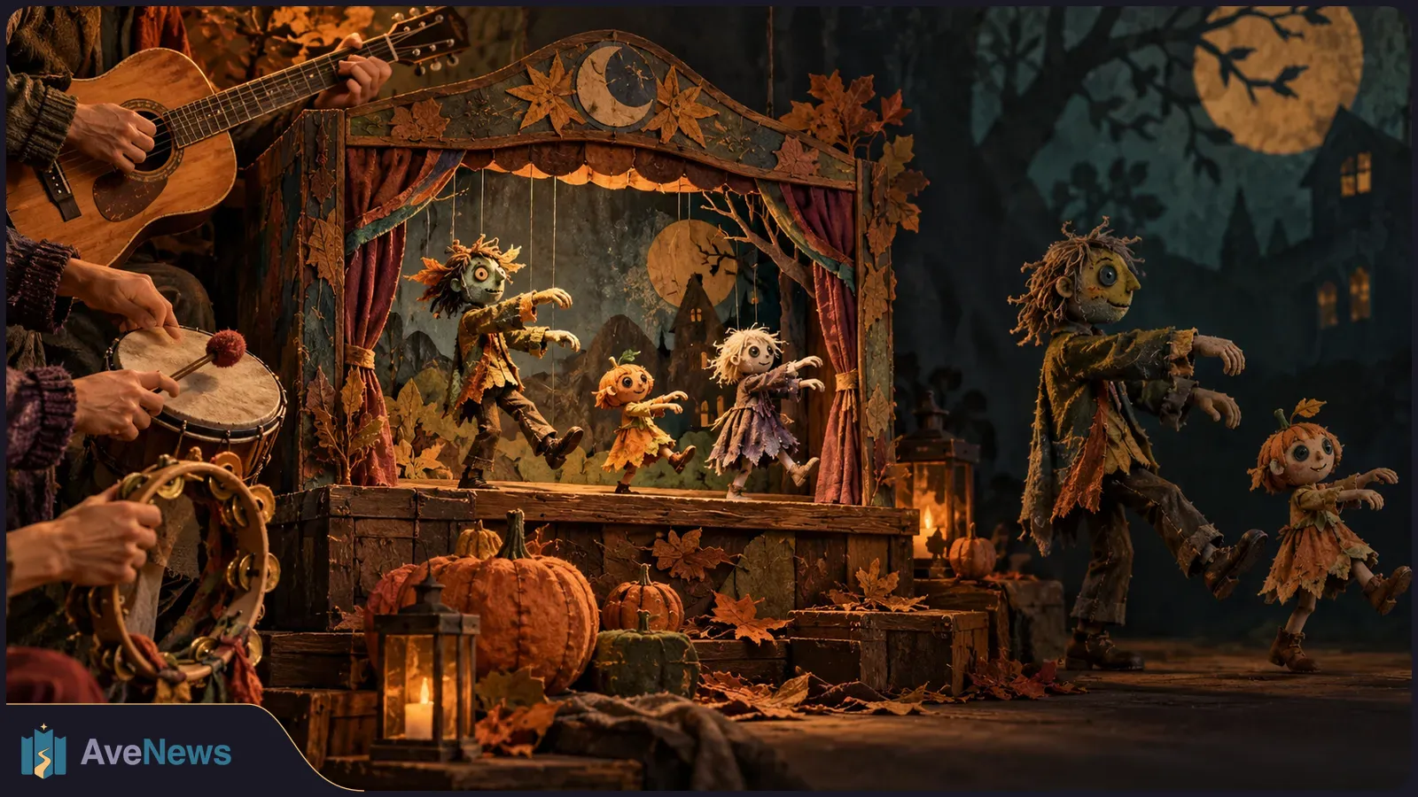 Ragged, zombie-like puppets dance on and beside a small stage amid pumpkins and autumn leaves, while musicians at left play guitar, drum and tambourine. SI illustration