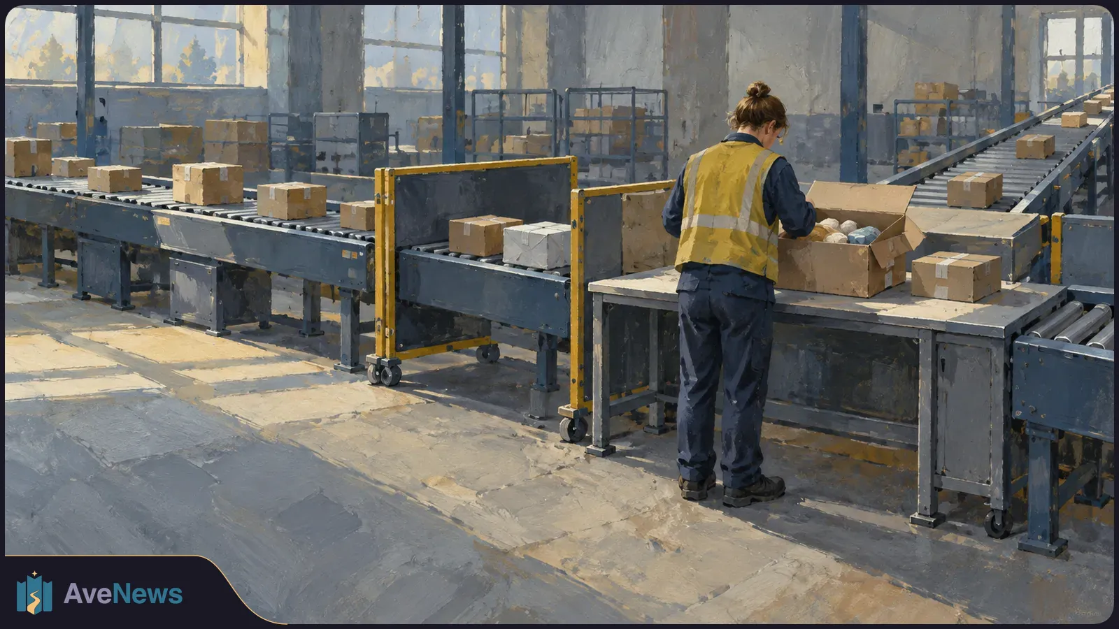 A painted warehouse scene shows a worker in a yellow safety vest beside an open box, with parcels on conveyor belts around them. SI illustration