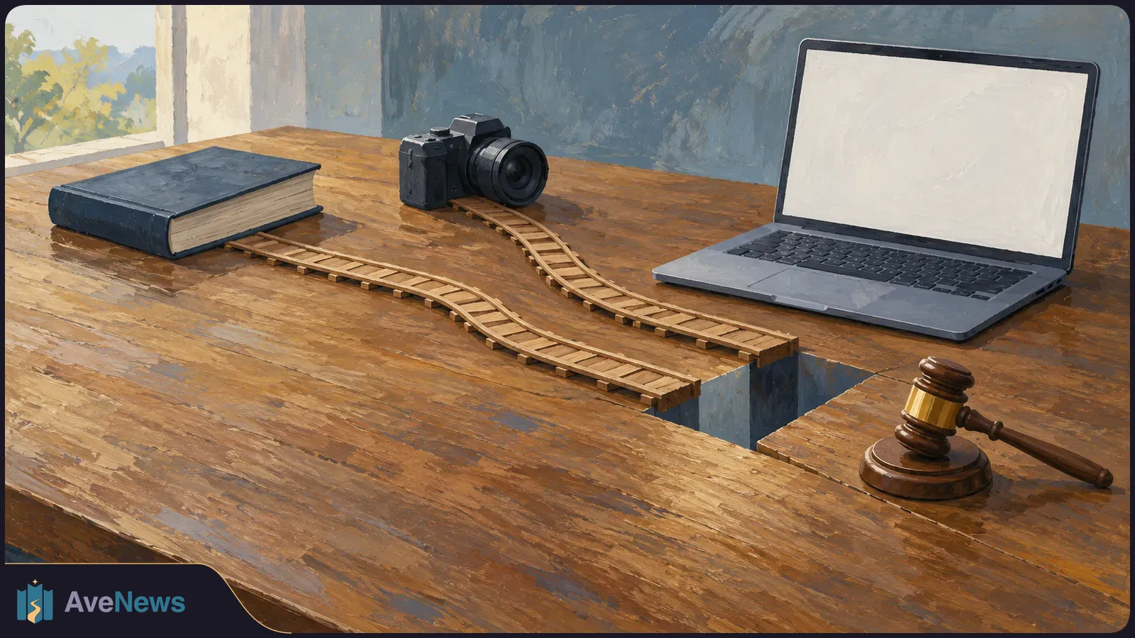 A painted book and camera sit on a wooden table. Miniature tracks run from them toward a gap beside a blank laptop screen; a judge’s gavel rests nearby. SI illustration