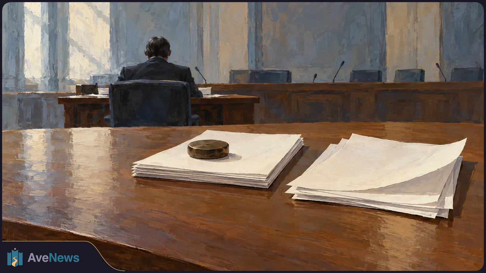 Illustration of a person seen from behind in a meeting room, with microphones and empty chairs ahead and stacks of blank papers on a wooden table. SI illustration