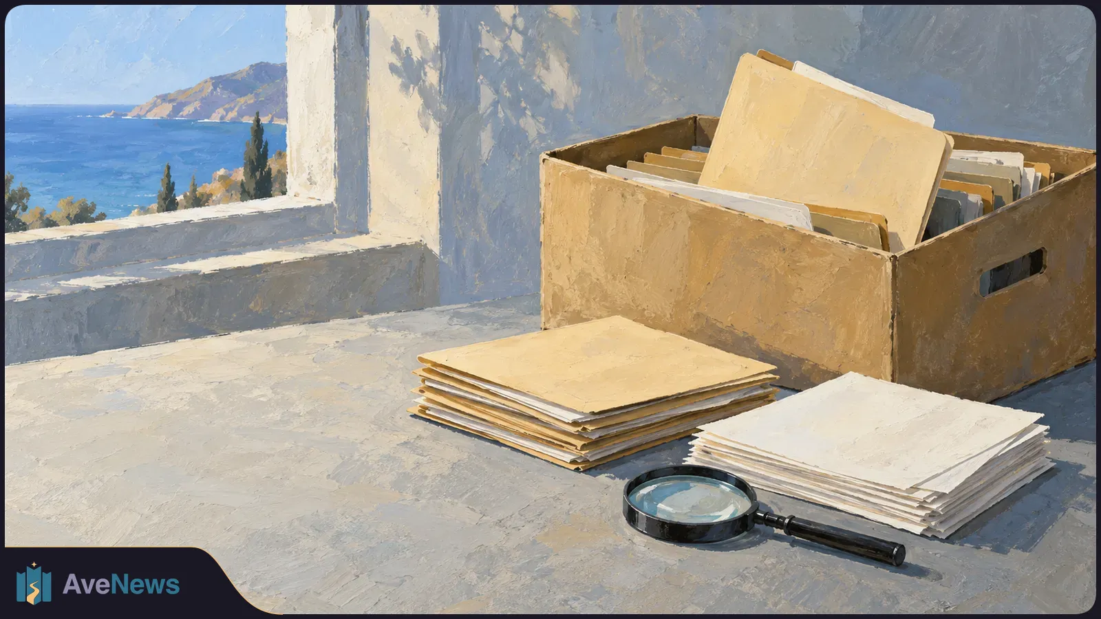 Illustration of folders and stacks of papers beside a magnifying glass on a sunlit table, with the sea and distant hills visible through an opening. SI illustration