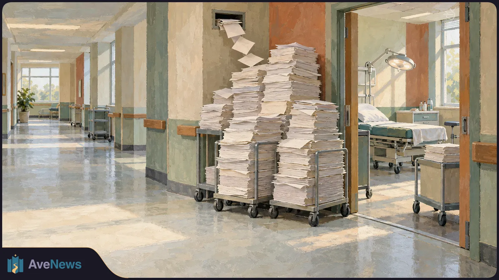 Painterly hospital corridor with towering stacks of paper on wheeled carts beside an open room with an empty bed. SI illustration