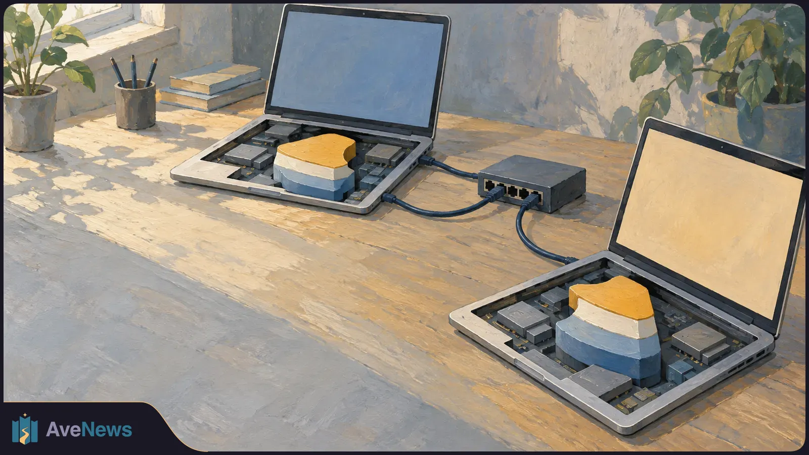 Painterly illustration of two open laptops with exposed components and layered blocks inside, connected by cables through a small network switch on a desk. SI illustration