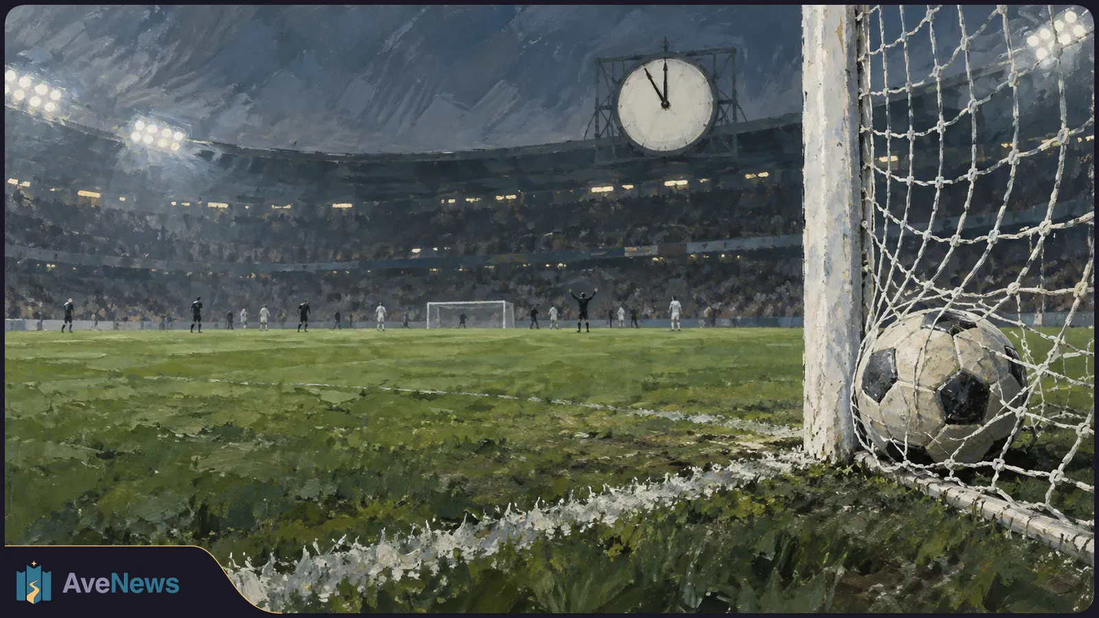 Painted football stadium under floodlights, with a ball caught in the near goal net, distant players on the pitch and a large clock above the stands. SI illustration