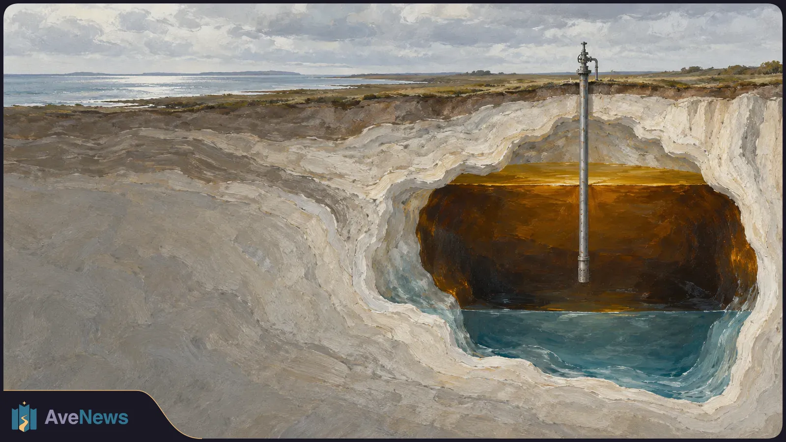 Painted coastal cross-section showing a pipe descending into an underground cavern, with dark brown liquid above blue water. SI illustration