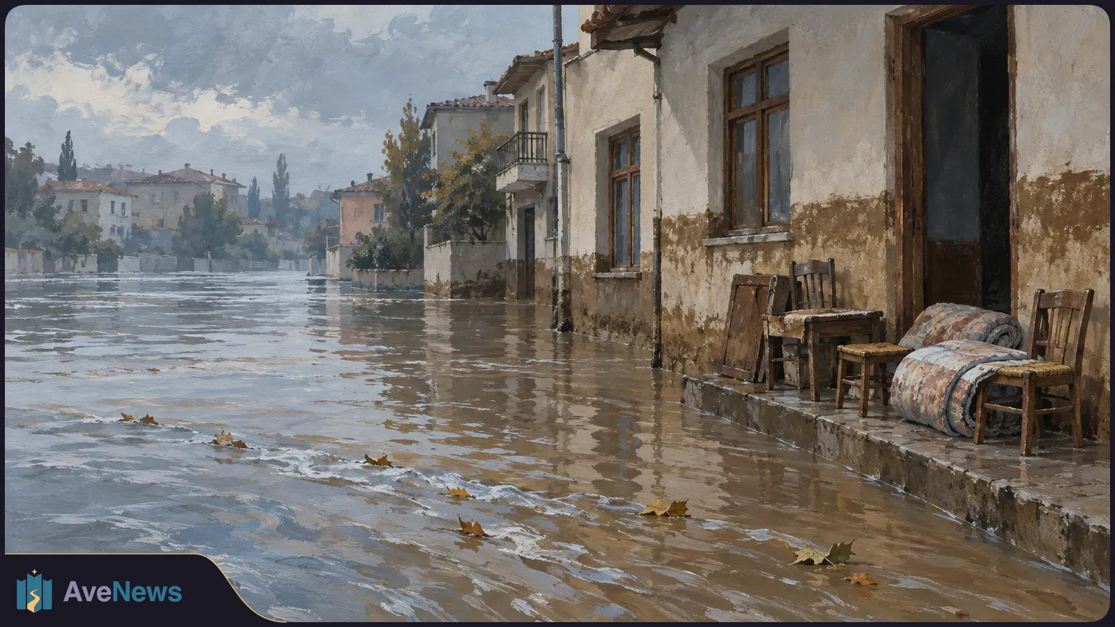 Painterly view of a flooded street beside houses, with muddy water reaching the walls; wooden chairs and rolled rugs sit on a raised doorstep. SI illustration