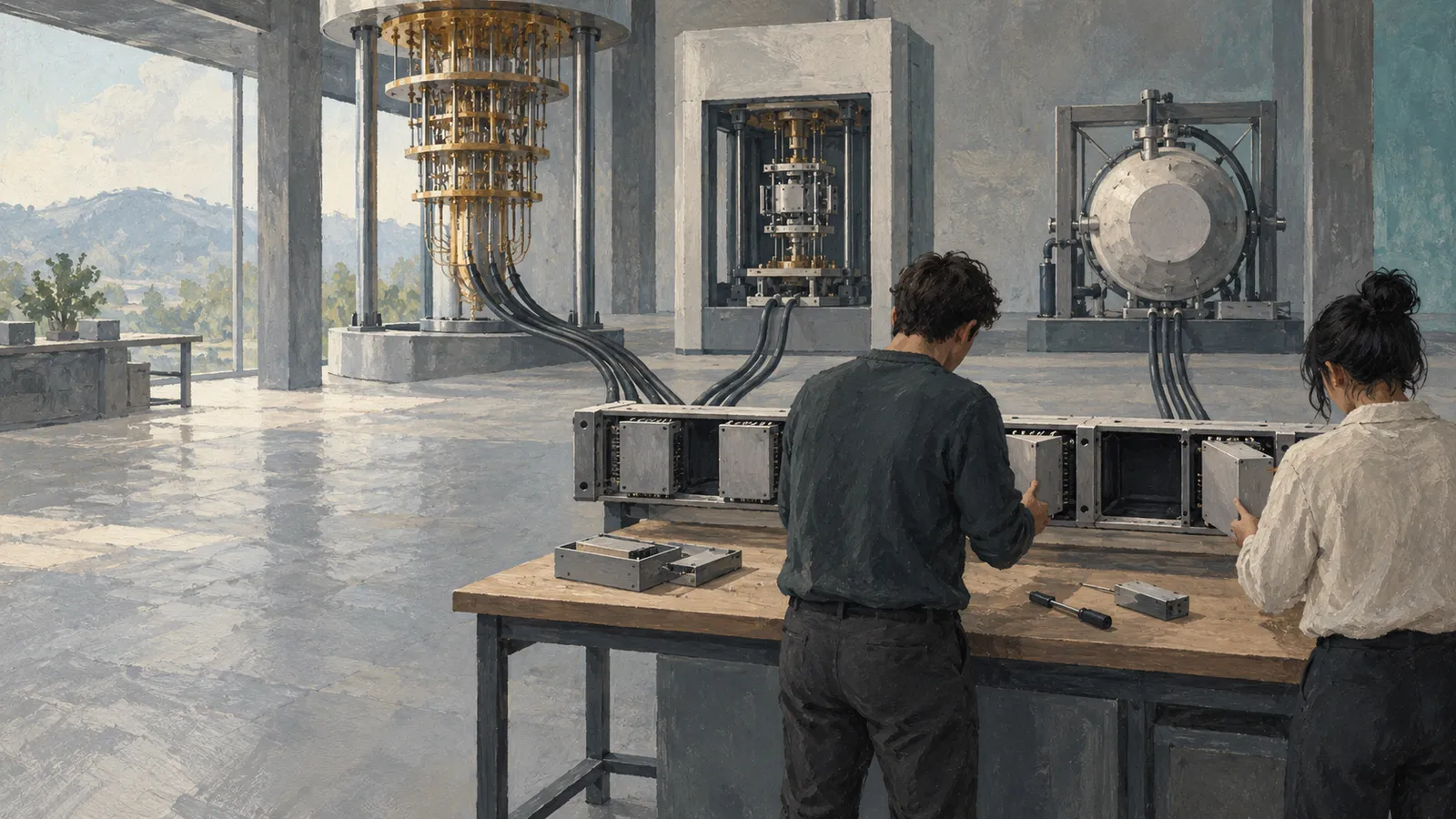 Two people work on metal components at a bench in a bright laboratory, with cables leading to large machines, including a gold cylindrical apparatus. SI illustration