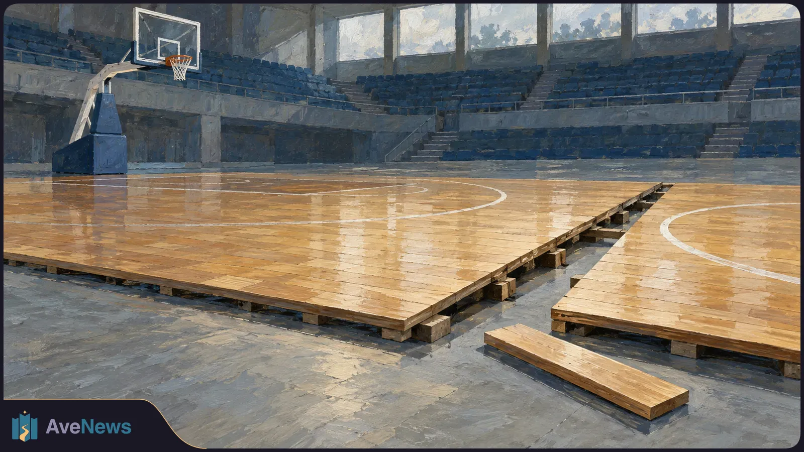 A painted empty basketball arena with a hoop and a wooden court divided by a wide gap. A loose plank lies in the foreground. SI illustration