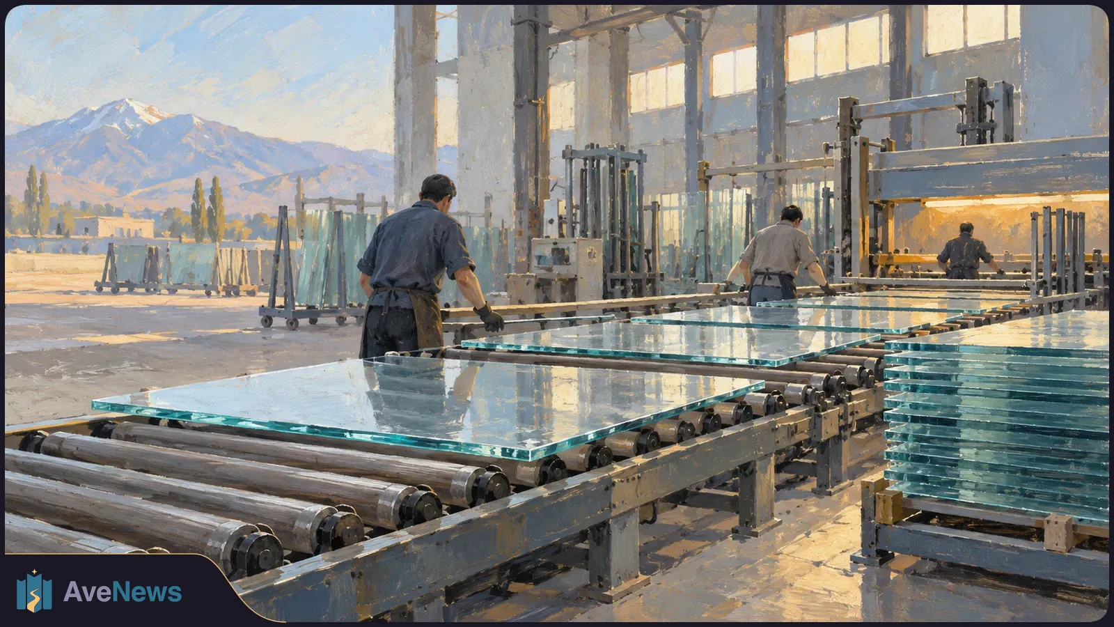 Illustration of workers handling large glass sheets on rollers inside a factory, with stacked panes at right and mountains visible beyond the open building. SI illustration
