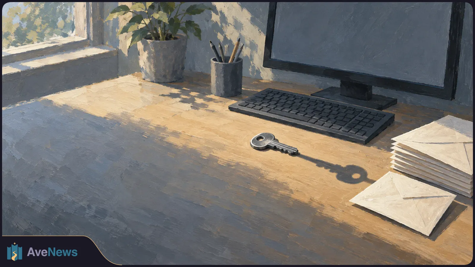 Painted desk with a key in front of a blank monitor and keyboard, a stack of envelopes to the right, and a potted plant by the window. SI illustration