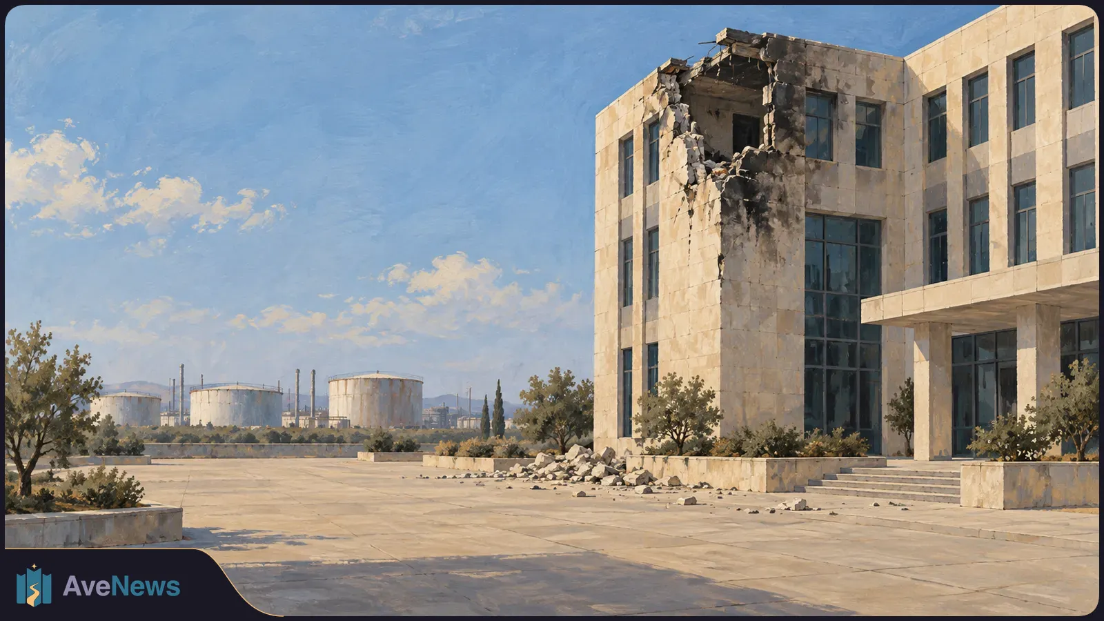 Painted scene of a damaged stone office building, with rubble on the pavement and large storage tanks in the distance. SI illustration