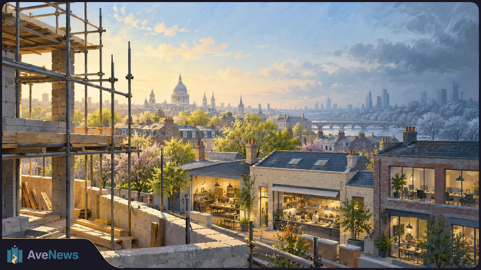 Painted city panorama with scaffolding and unfinished walls in the foreground, lit interiors and rooftops beyond, and a domed skyline beside a river. SI illustration