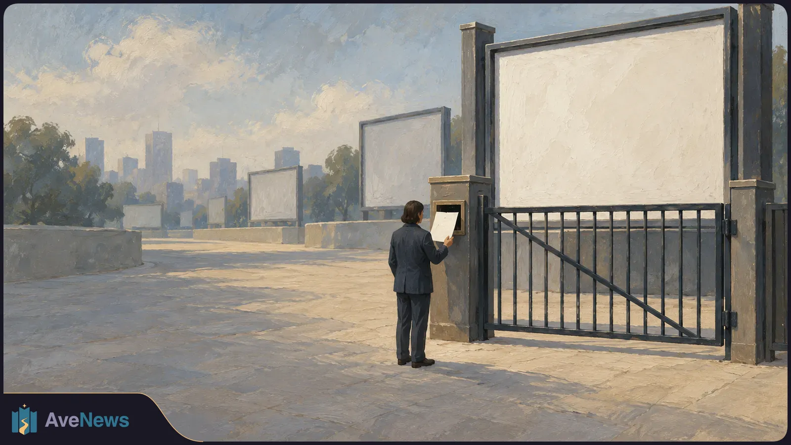 Painted illustration of a person holding a sheet of paper beside a closed metal gate and large blank sign, with smaller blank signs, trees and a city skyline beyond. SI illustration