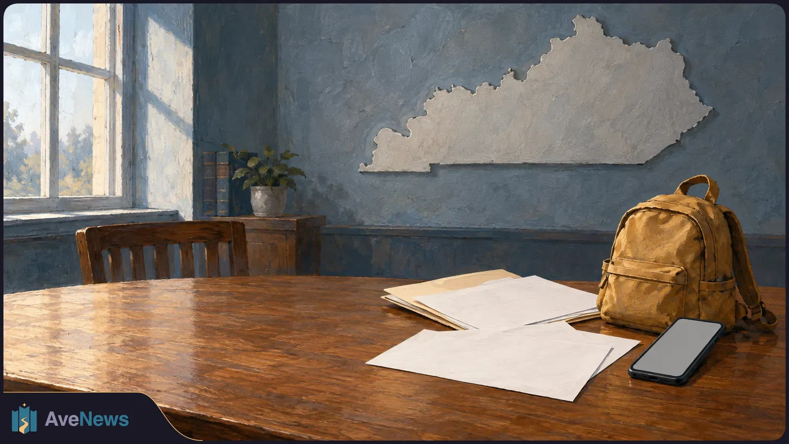 Painterly room with a Kentucky-shaped wall silhouette. Blank papers, a tan backpack and a phone with a blank screen sit on a wooden table beside a sunlit window. SI illustration
